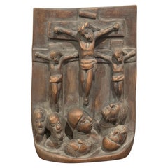 Spanish Colonial Religious Wood Carving Icon, Christ Crucified with Two Thieves