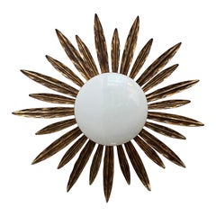 Gilt metal and opaline sunburst flush mount ceiling light
