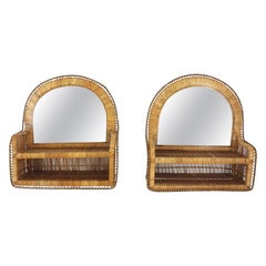 Vintage Pair of Midcentury Arch Top Shelf Mirrors, Rattan & Woven Wicker, Spain, 1960s