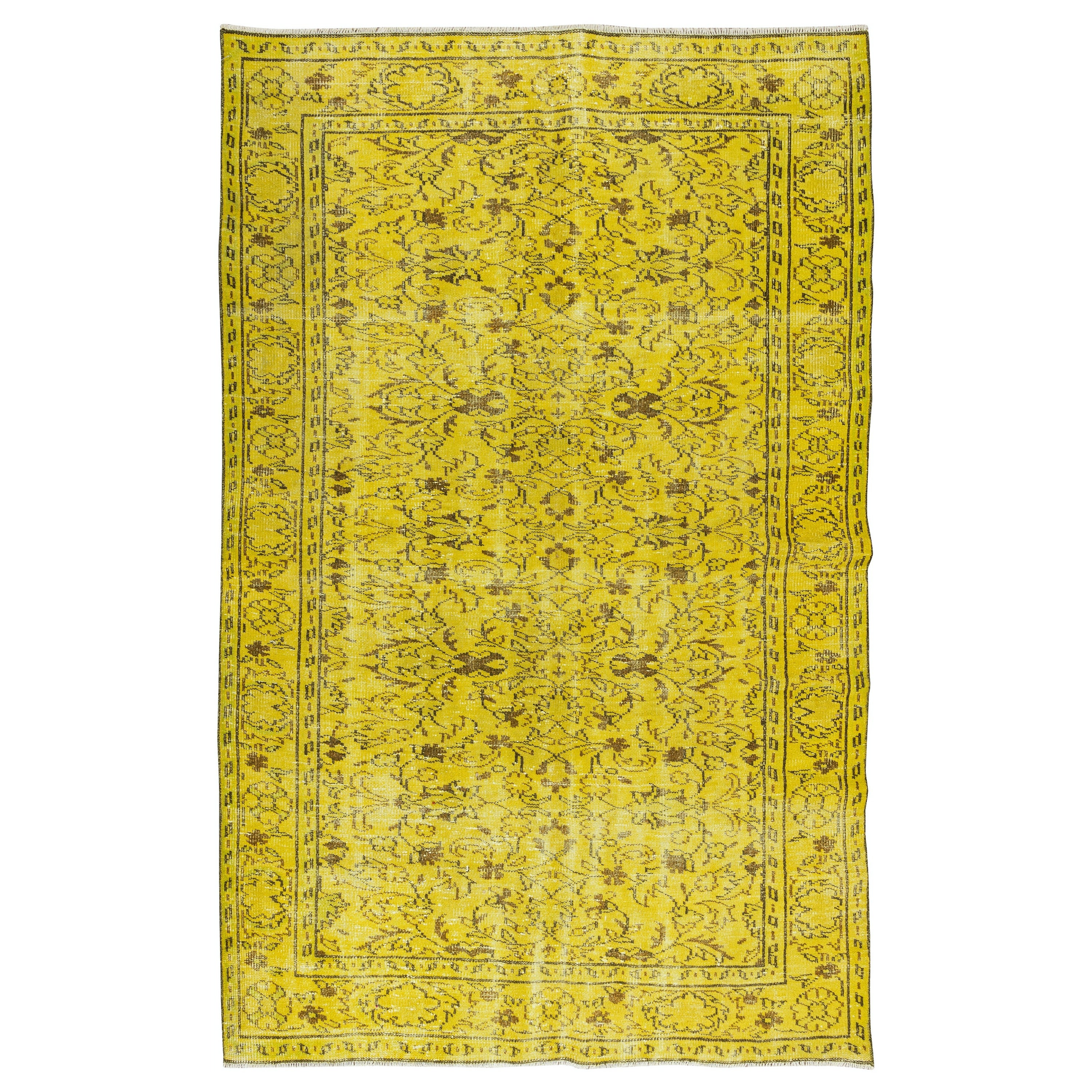 5.6x9 Ft Yellow Overdyed Floral Pattern Rug, Modern Turkish Handmade Wool Carpet