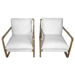 Pair of White Upholstered Sling Chairs with Cushions