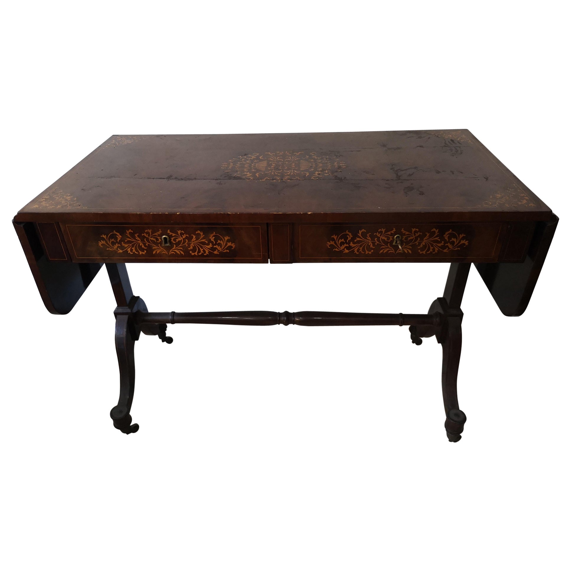Carlo X desk in mahogany feather with two drawers, mid-19th century in vendita