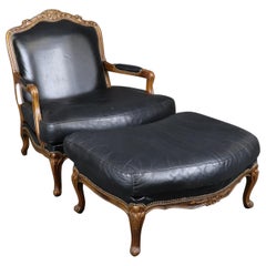 Fine Black Leather Carved French Louis XV Style Bergere Chair and Ottoman