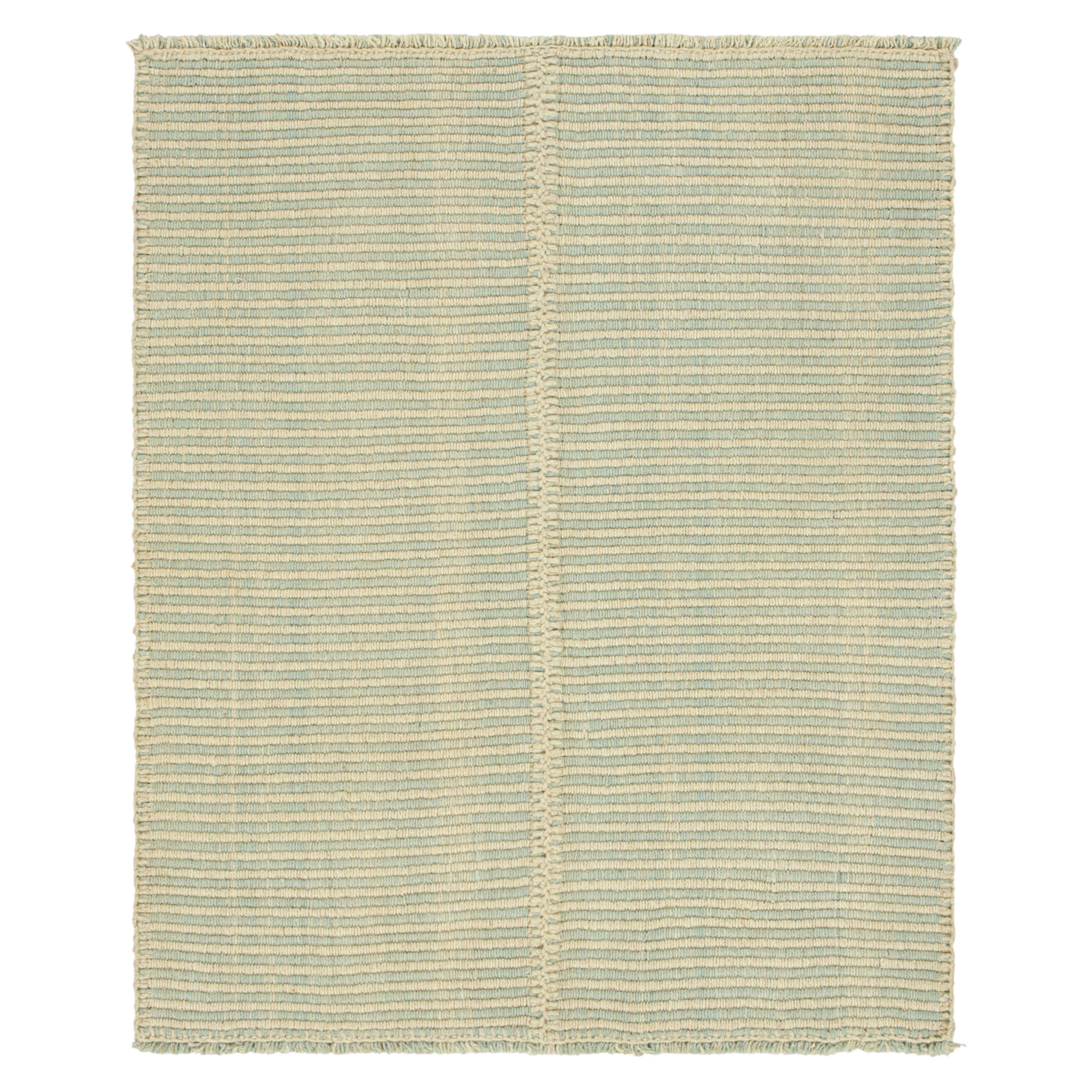 Rug & Kilim’s Contemporary Kilim in Blue and Beige Textural Stripes