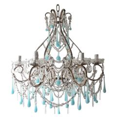 French Robins Egg Blue Opaline Beaded Chandelier