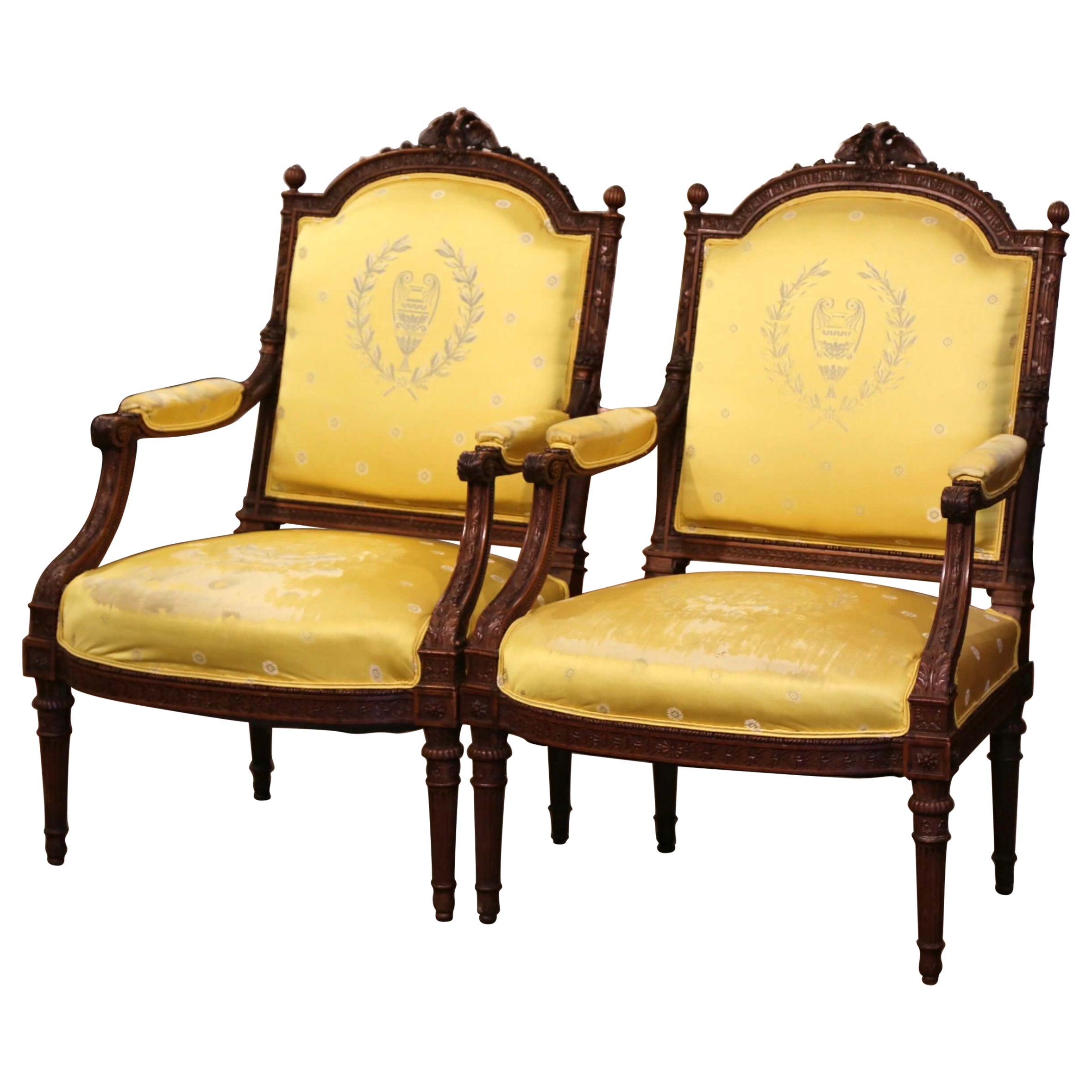 Pair of 19th Century French Louis XVI Carved Walnut Carved Fauteuils Armchairs