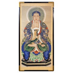 Chinese Large Pigment on Paper Portrait of Buddha with Ebonized & Giltwood Frame