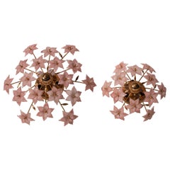Set of 2 Charming Murano Vintage Ceiling Light Pink Flowers, 1970s