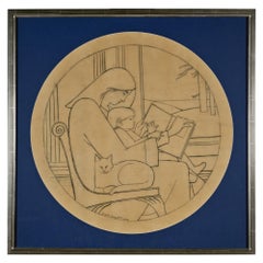 Vintage Unique Drawing (Mother Reading to Child with Cat) by Will Barnet