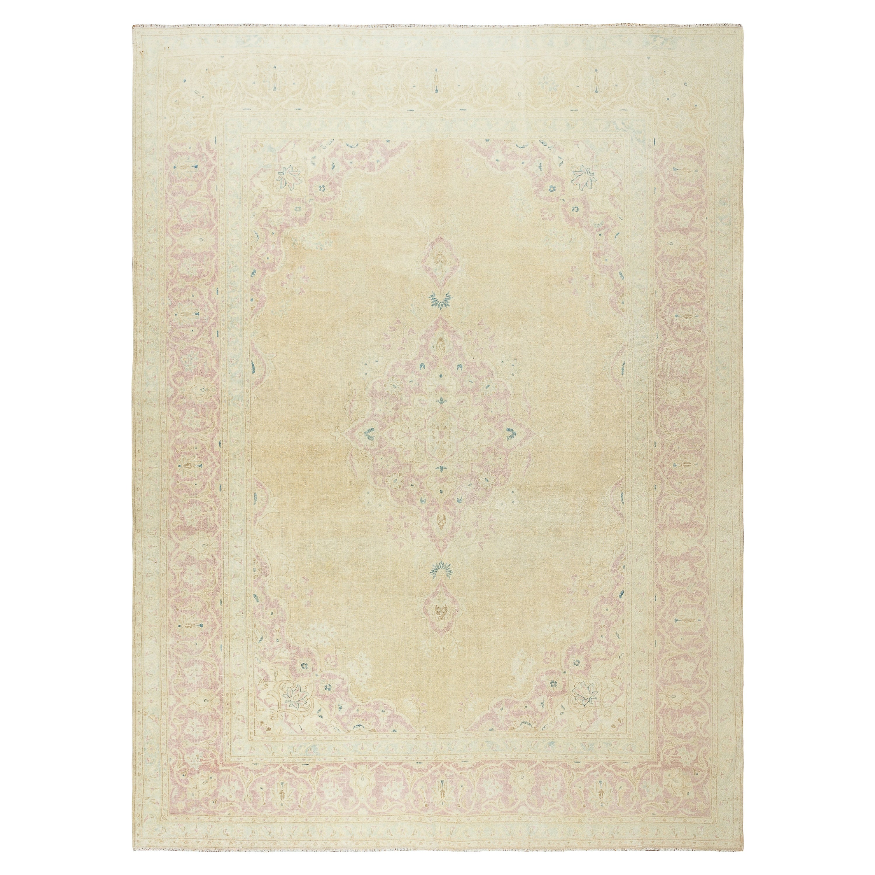 8x10.6 Ft Vintage Handmade Sun Faded Turkish Area Rug in Beige & Soft Pink