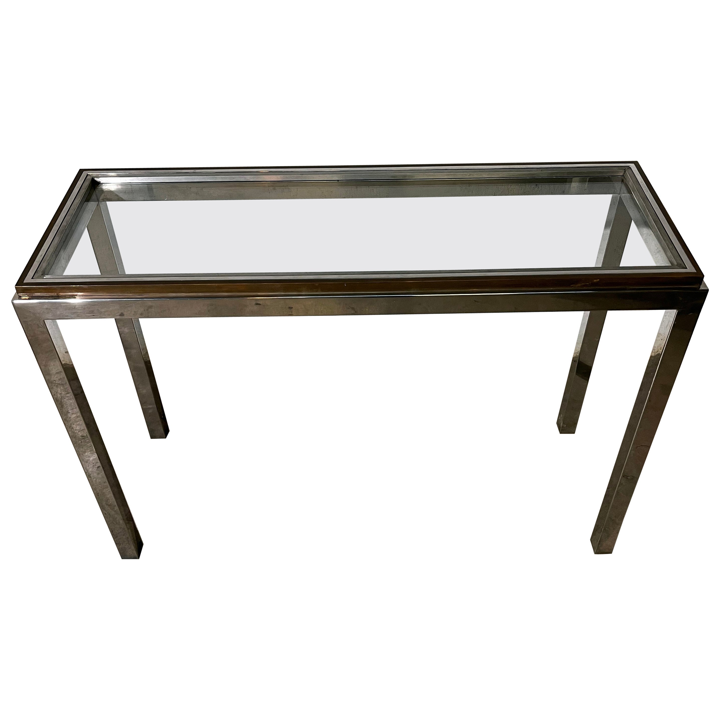 Console Table  W . Rizzo style Chrome Brass metal Glass  Top
