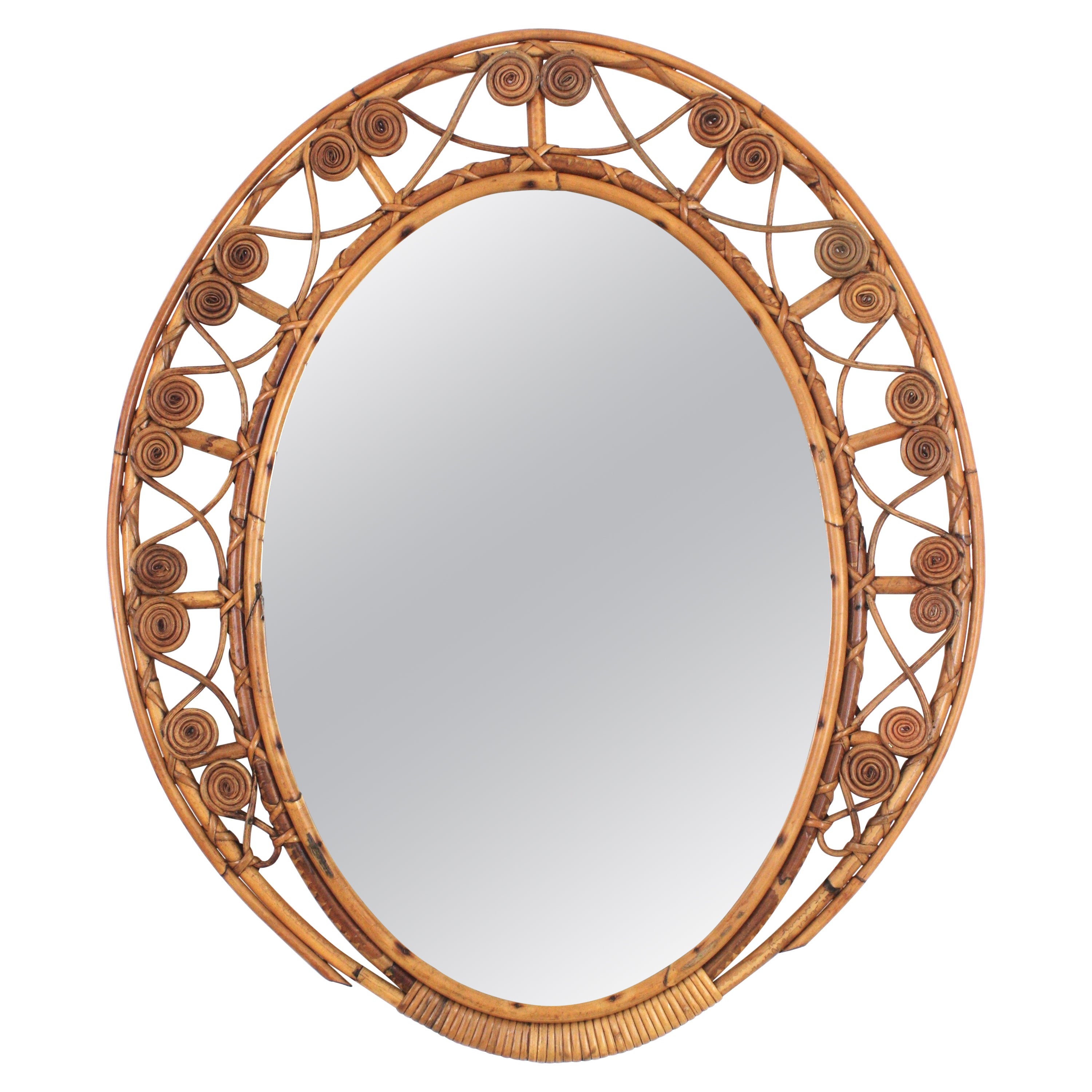Spanish Bamboo Rattan Oval Mirror with Filigree Frame For Sale