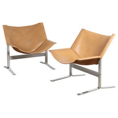 Sling Chairs by Sculptor Clement Meadmore in Cognac Leather and Steel 1960s