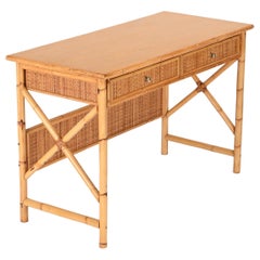 French Riviera Desk with Drawers in Rattan, Wood, Wicker and Brass, Italy, 1970s
