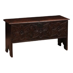 18th Century English Oak Trunk with Carved Front & Lift Top