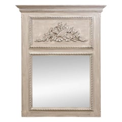 French Trumeau Mirror In Distressed Taupe Gray Paint Finish