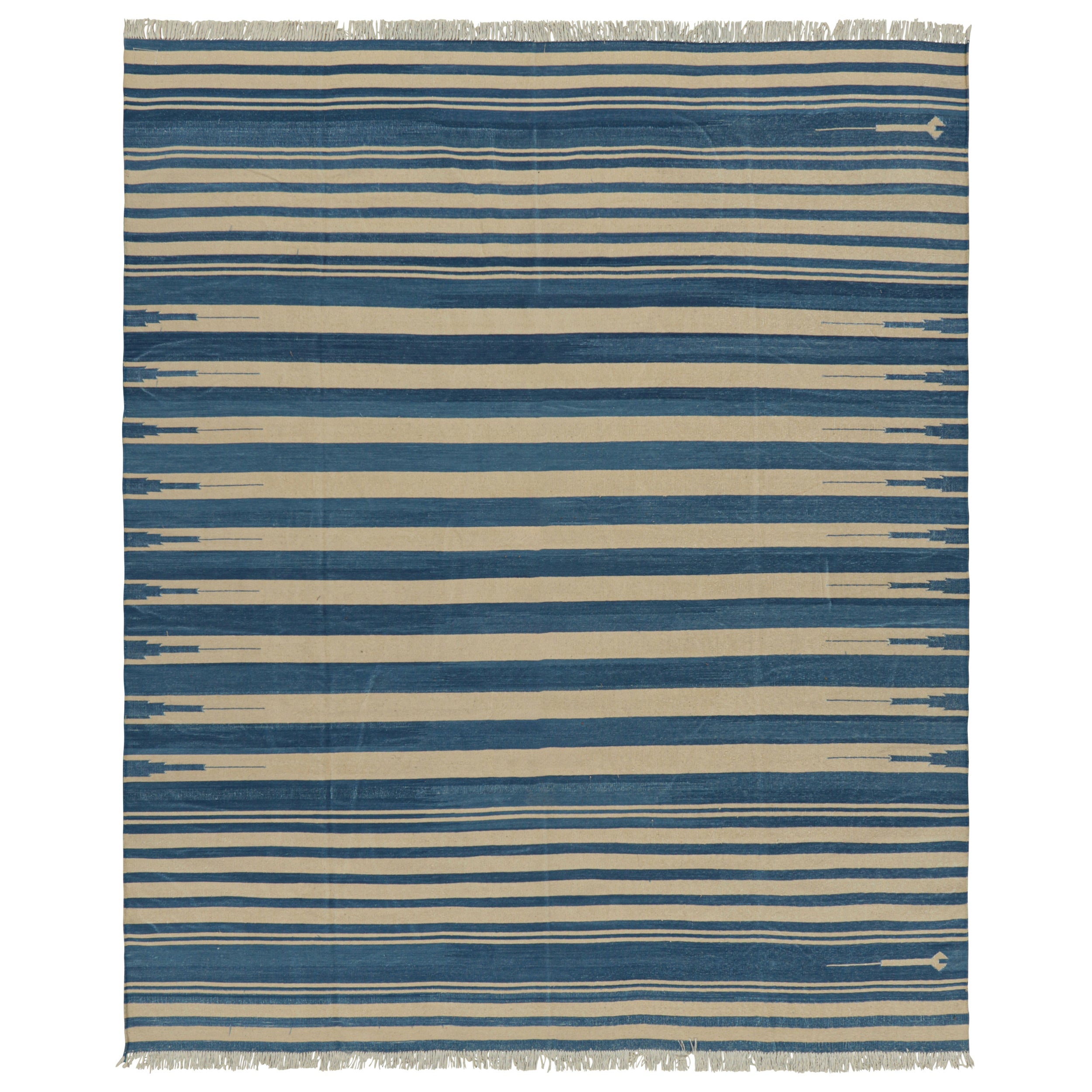 Rug & Kilim’s Contemporary Dhurrie Rug in Blue and Beige Stripes For Sale
