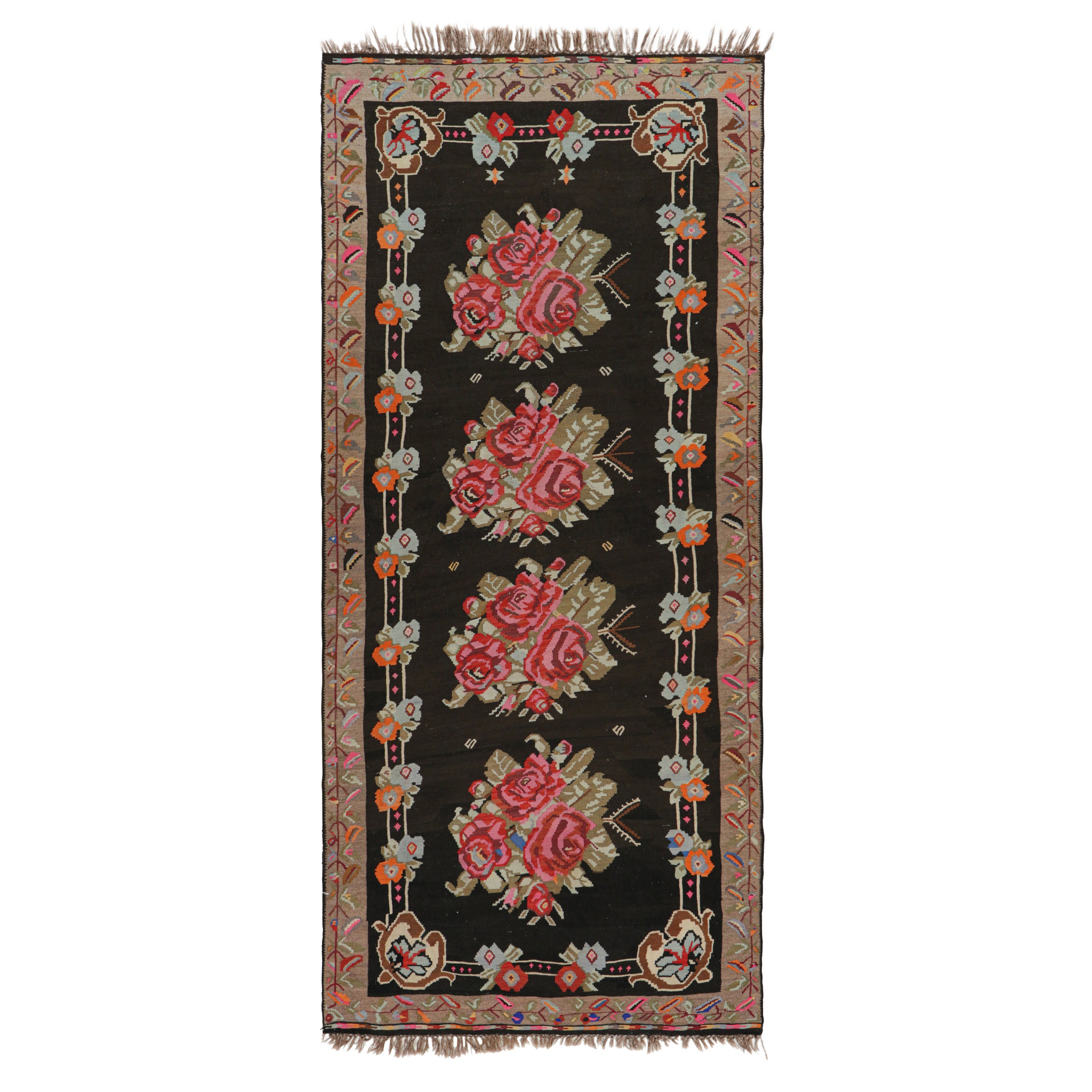 Vintage Bessarabian Kilim in Rich Brown with Floral Patterns, from Rug & Kilim
