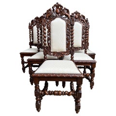 Set 6 Antique French Dining Chairs Renaissance Carved Oak Lion Barley Twist