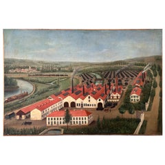 Großes naives Ölgemälde auf Leinwand, Frankreich, spätes 19. Jahrhundert, datiert 1895, Ansicht einer Fabrik