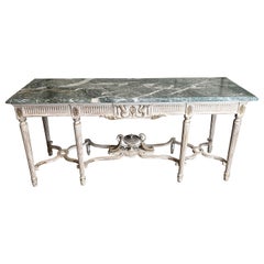 French Louis XVI Style Console Table with a White Finish And Green Marble Top