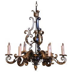 Early 20th Century French Louis XV Black and Gilt Six-Light Iron Chandelier