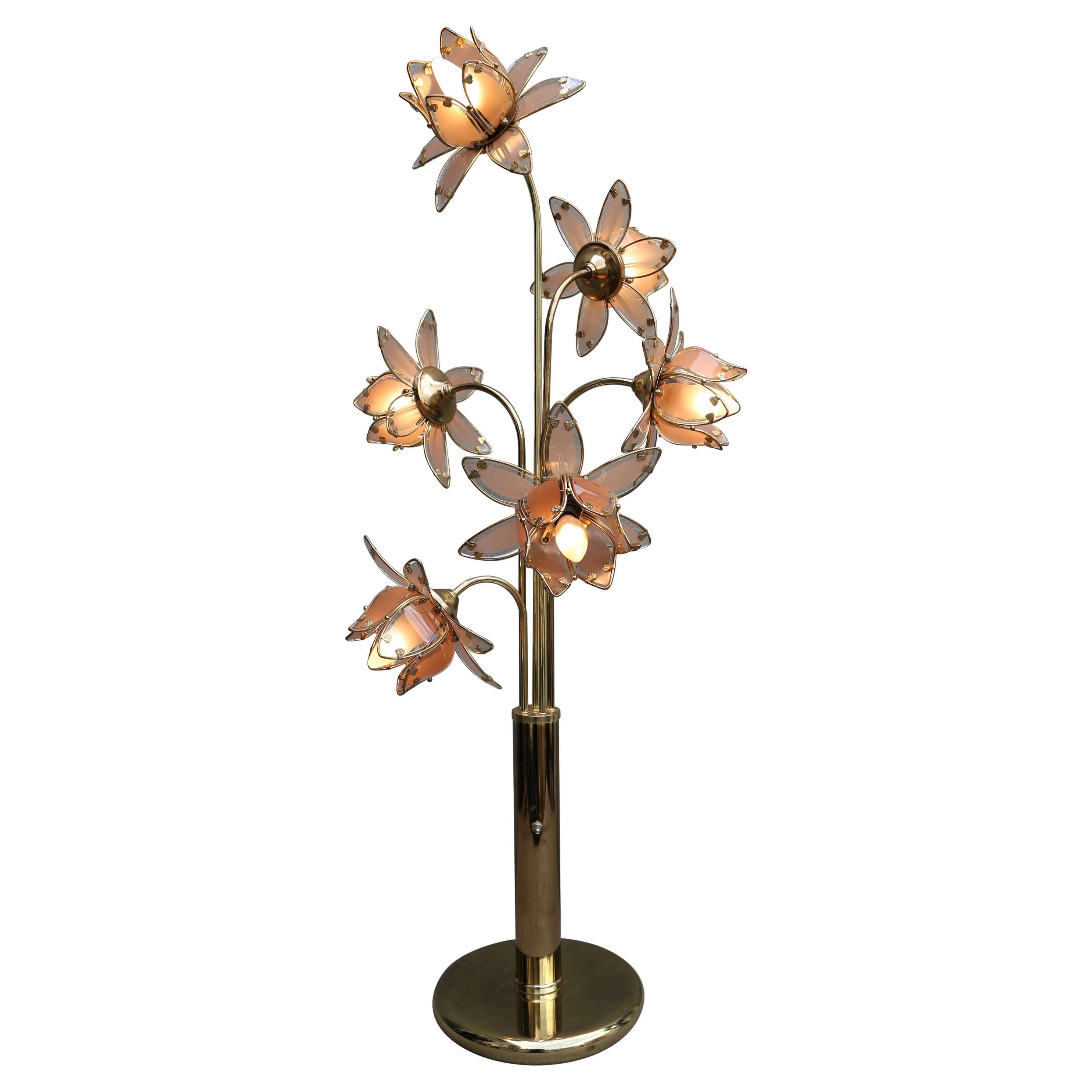 Hollywood Regency Glass and Brass 6 Arm Tulip Lotus Lamp 1970s