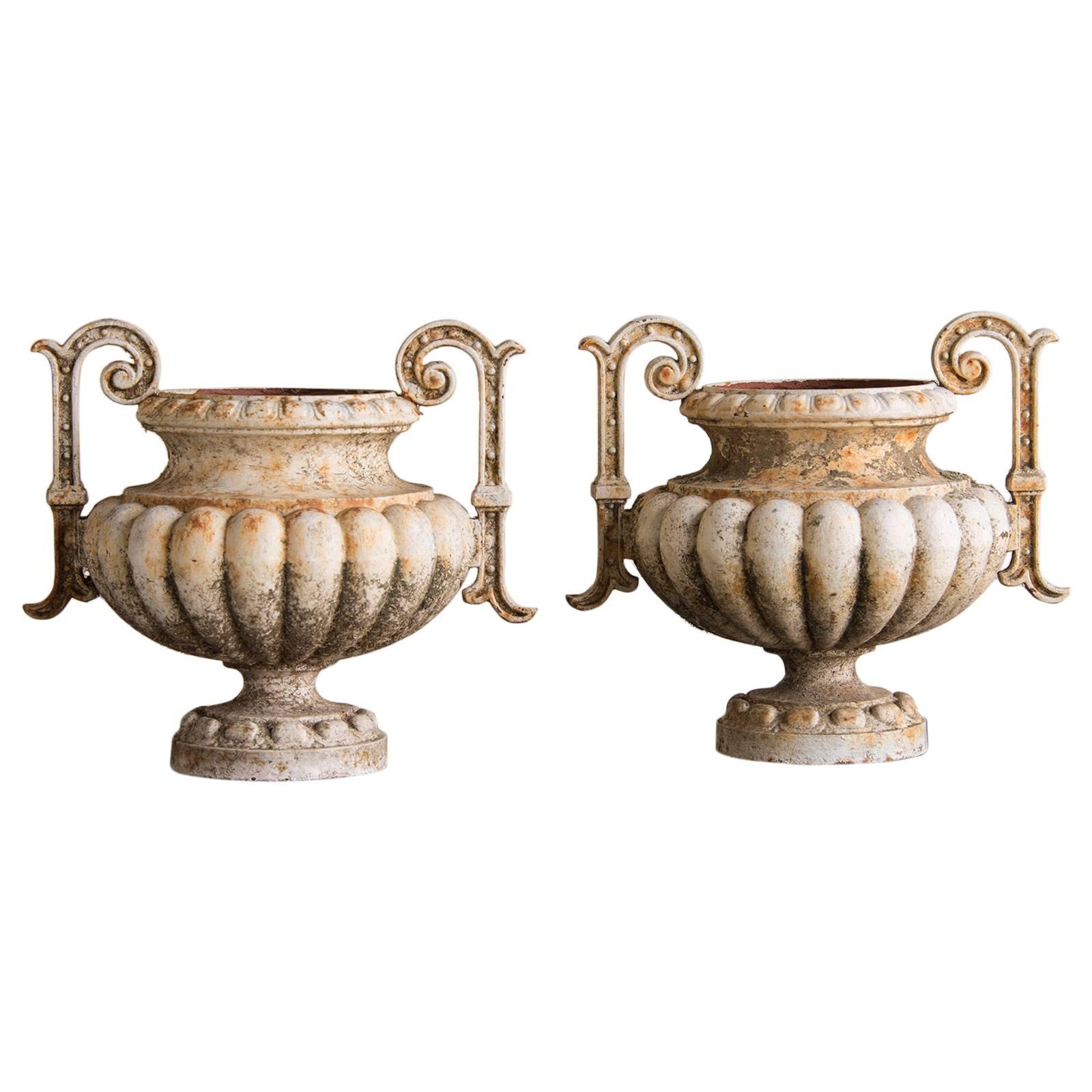 Pair of Antique French Painted Iron Garden Urns, circa 1880