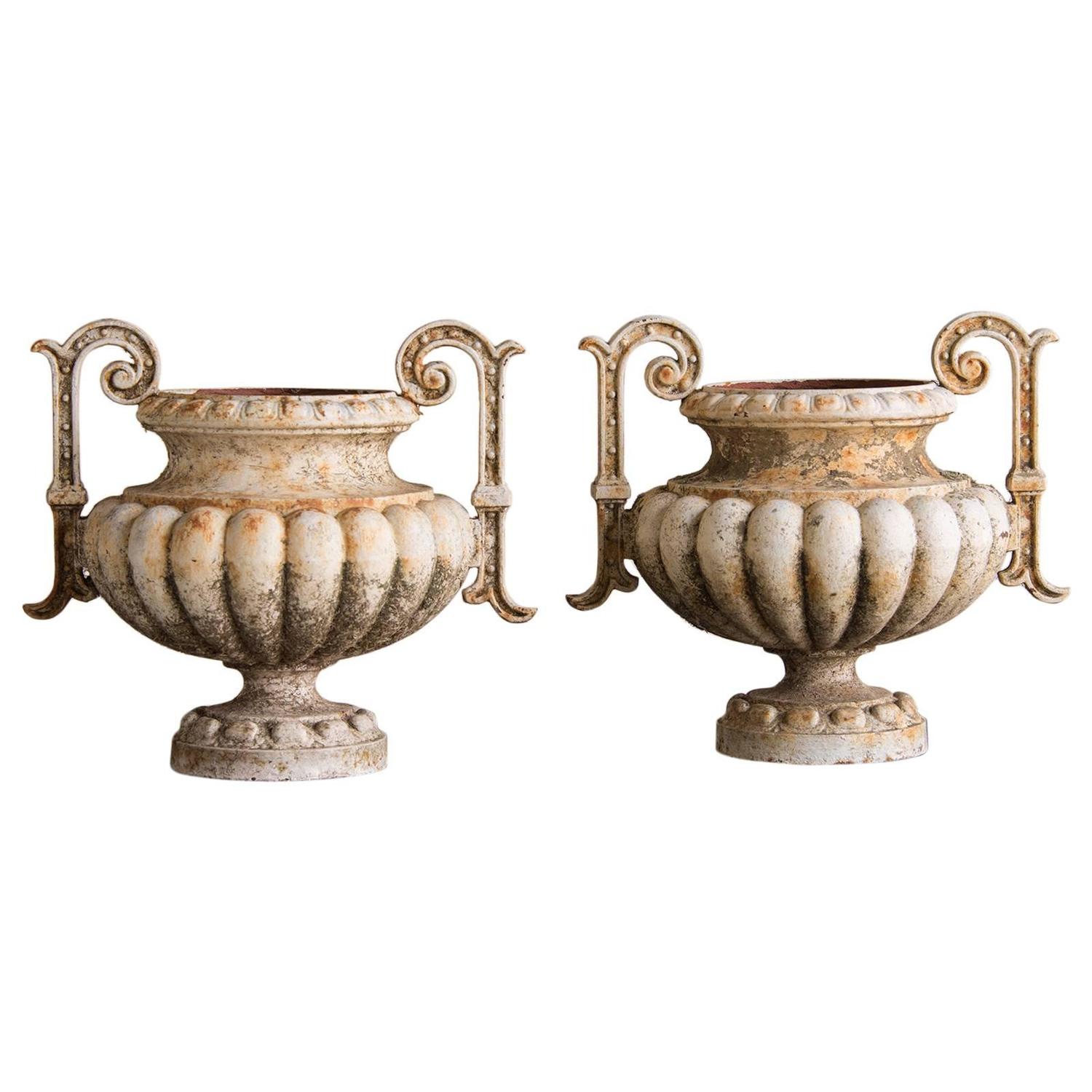 Pair of Antique French Painted Iron Garden Urns, circa 1880 at 1stdibs