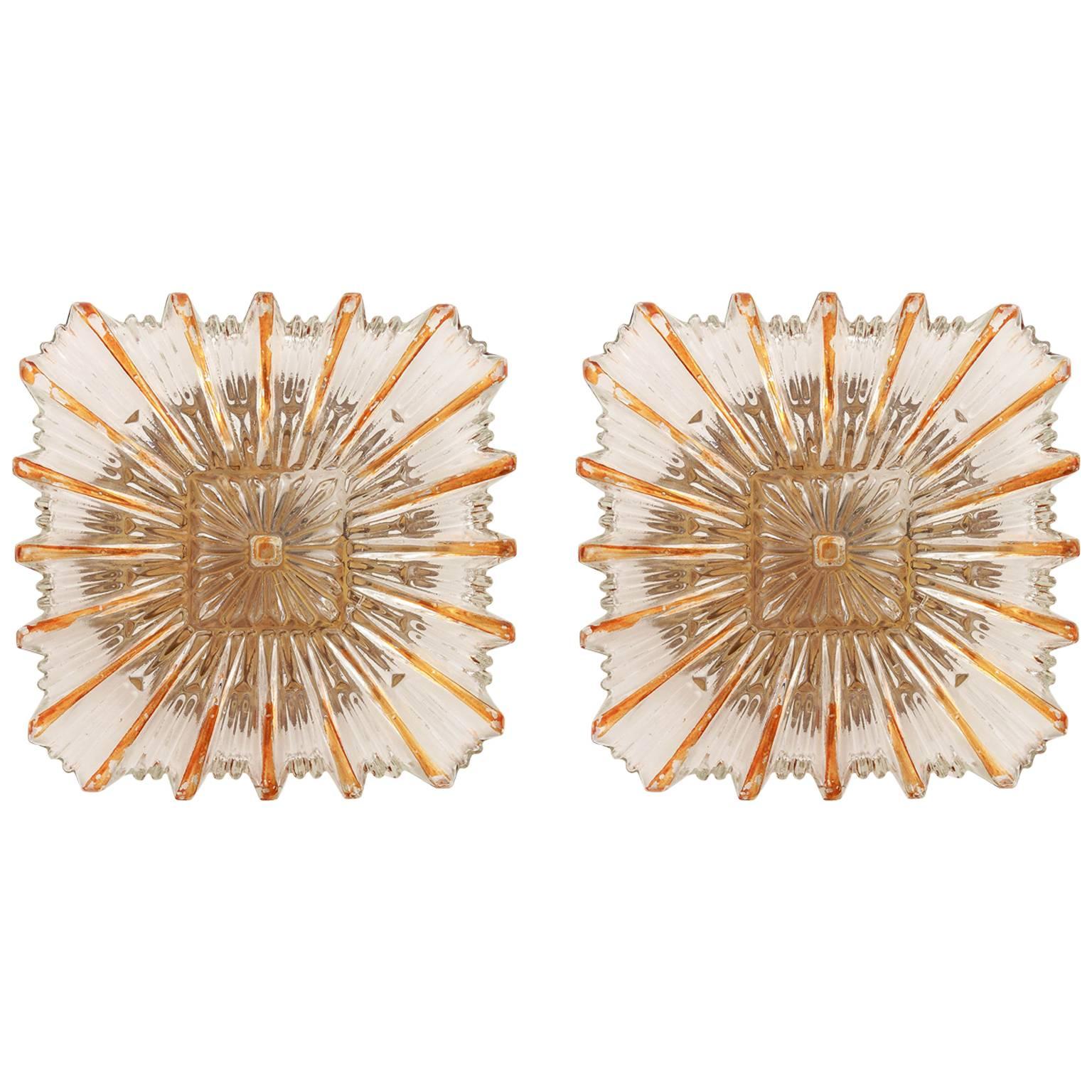 Pair of Amber Tone Glass Sconces or Flush Mount Light Fixtures, 1960s