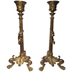 19th Century French Pair of Bronze Candlesticks in the Style of Victor Paillard