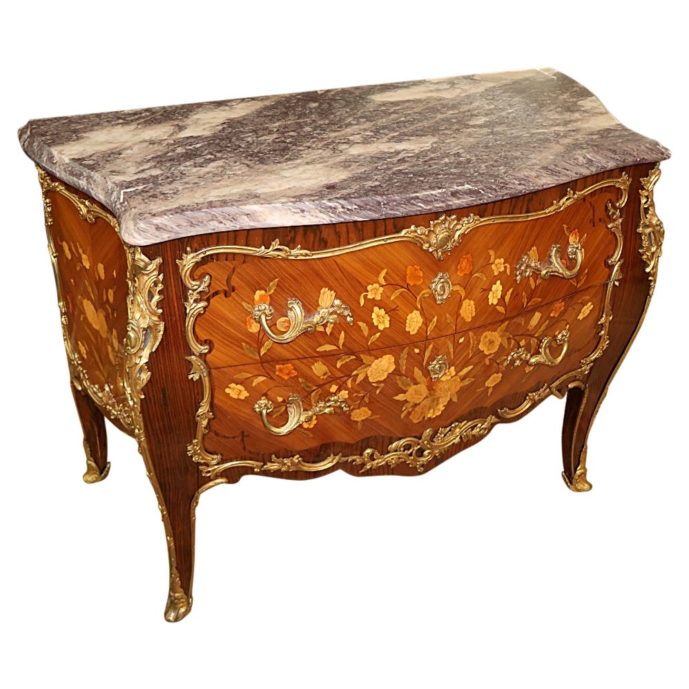 French Louis XV Style Marble Top Bronze Mounted Inlaid Chest Dresser Commode