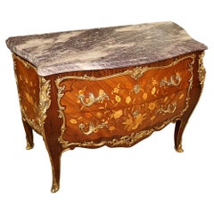 Französische Kommode im Louis-XV-Stil mit Marmorplatte und Bronze-Intarsien, Kommode