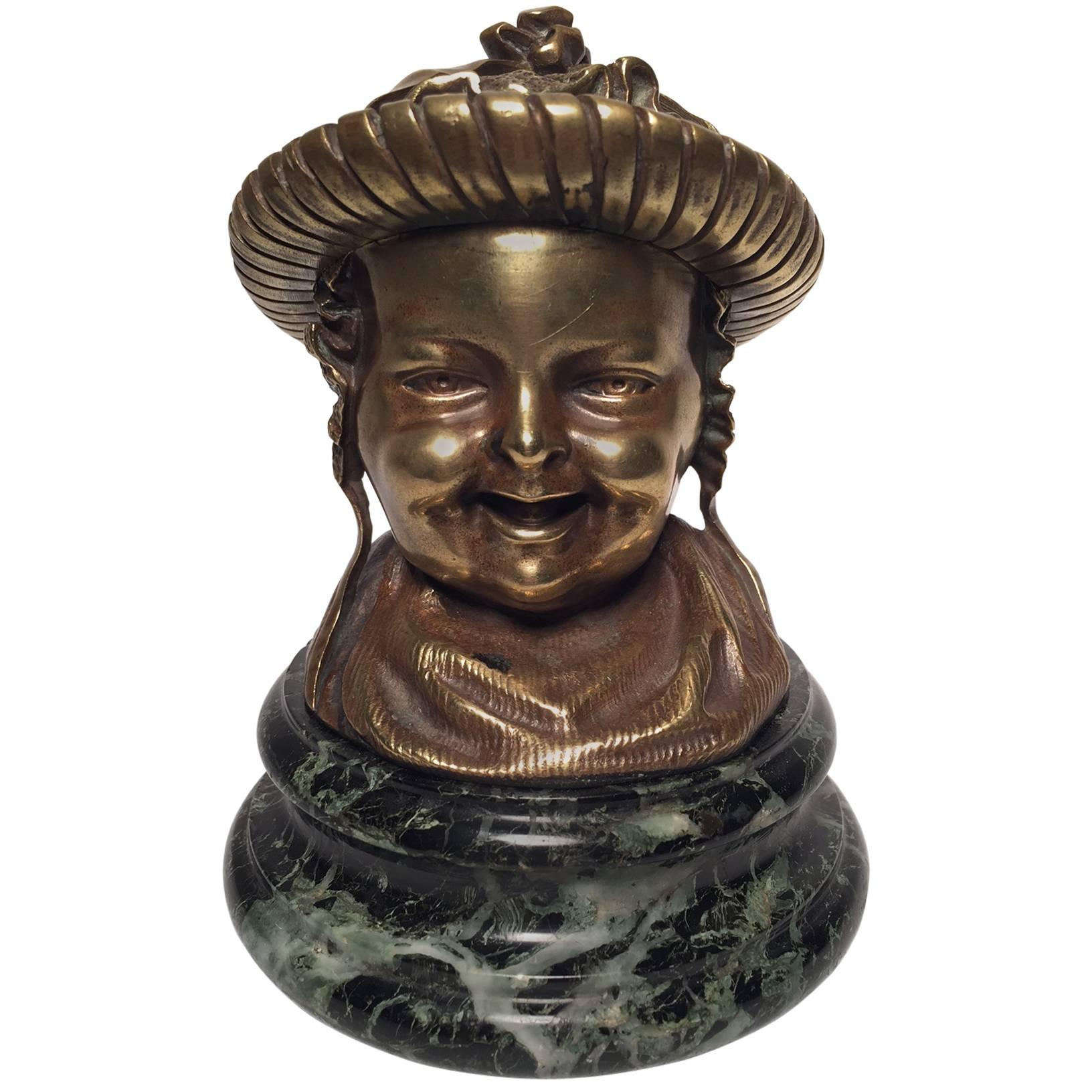 19th Century French Bronze Inkwell of a Baby Wearing a Bonnet on a Marble Base