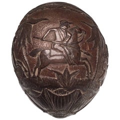 Antique 19th Century "Bugbear" Carved Coconut with a Lion and Equestrian Hunt Scene