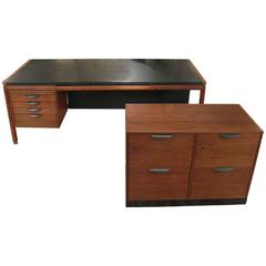 Vintage 1950s Large Walnut Executive Desk and File Cabinet by Jens Risom