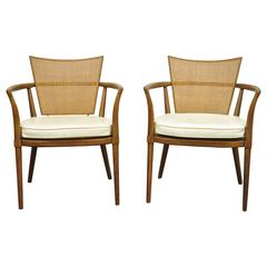 Pair of Bert England Cane and Brass Frame Mahogany Armchairs, Mid-Century Modern