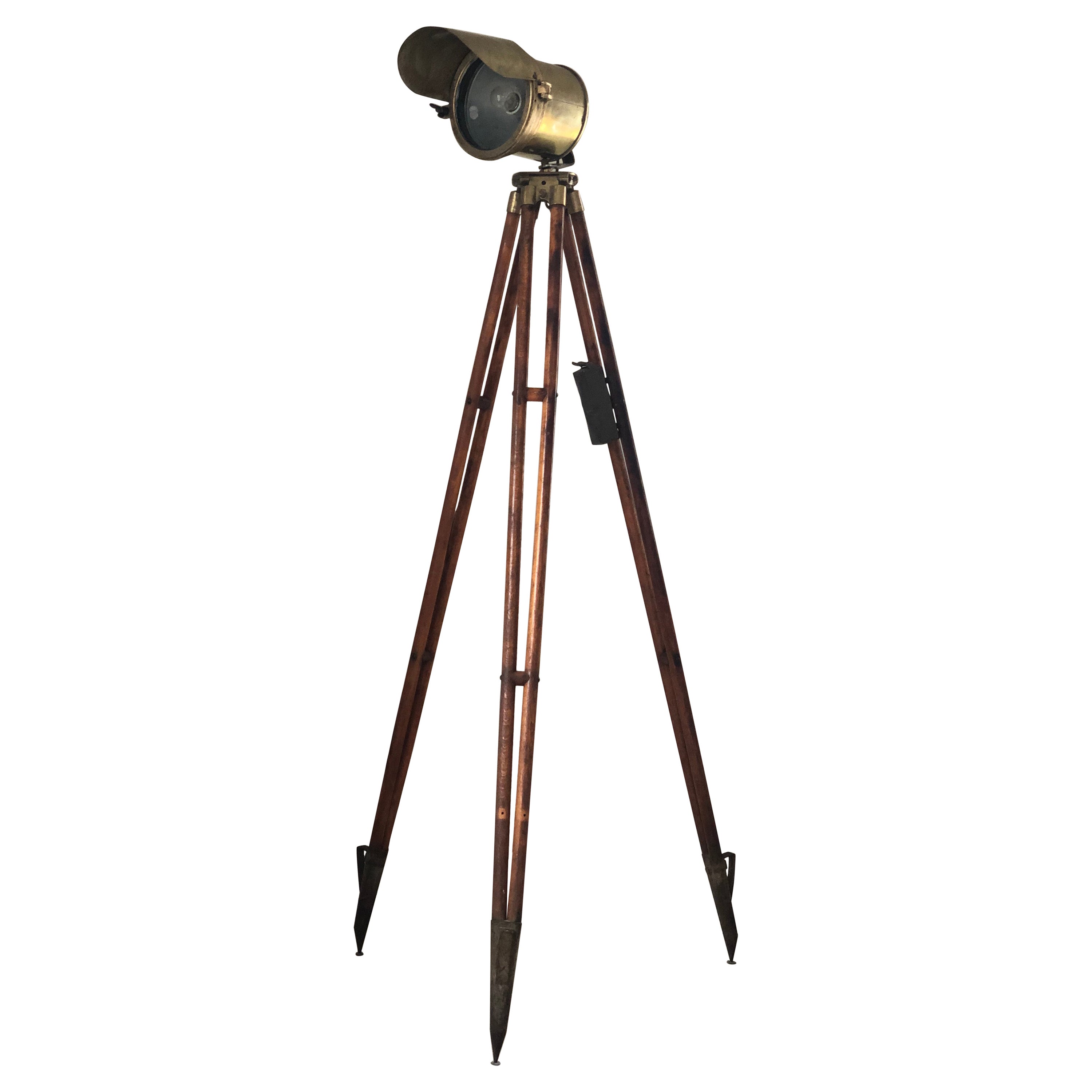 Antique Industrial Brass Floor Lamp On Tripod Surveyor Base 1920s