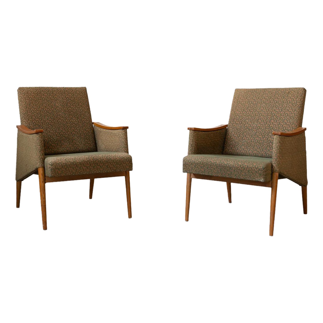Pair of 1970s Czechoslovakian Oak Armchairs with Embossed Fabric