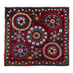 Copriletto con ricamo in seta vintage 6x6 Ft, appendiabiti da parete quadrato, lancio colorato
