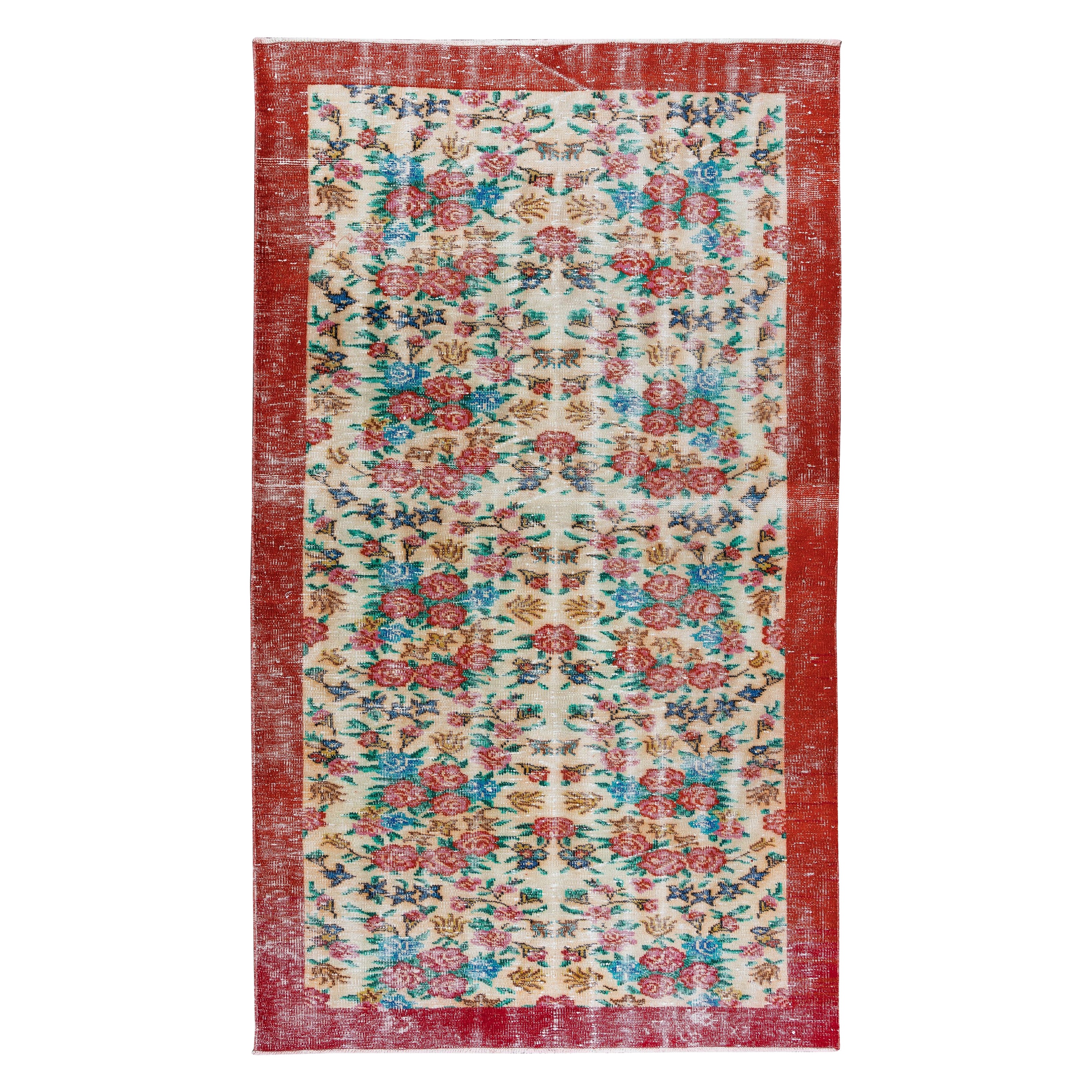 5.2x8.8 Ft Vintage Handmade Turkish Rug with Floral Design and Solid Red Border