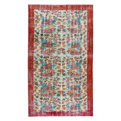 5.2x8.8 Ft Vintage Handmade Turkish Rug with Floral Design and Solid Red Border