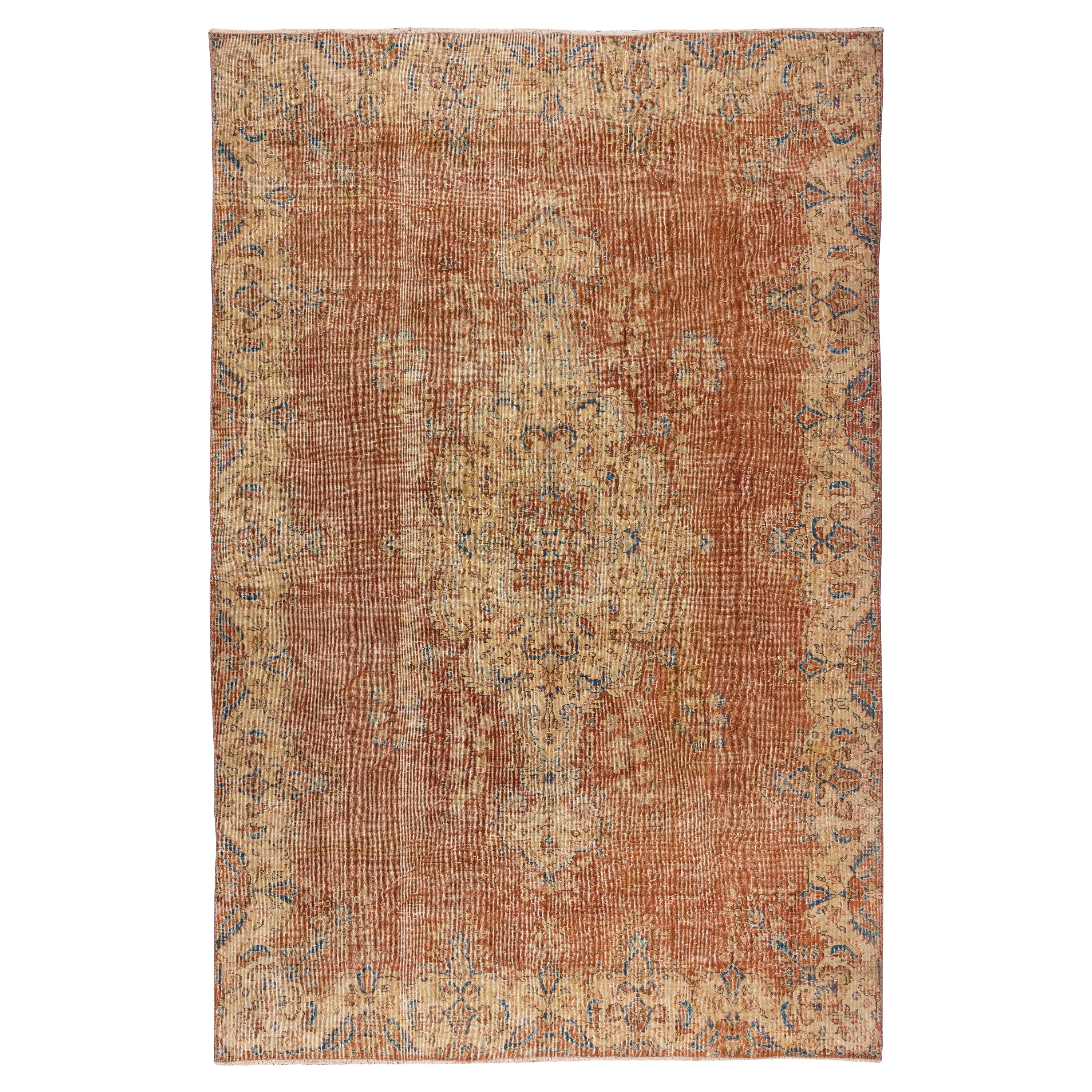 7x10.5 Ft Vintage Handmade Turkish Wool Area Rug in Soft Red & Beige