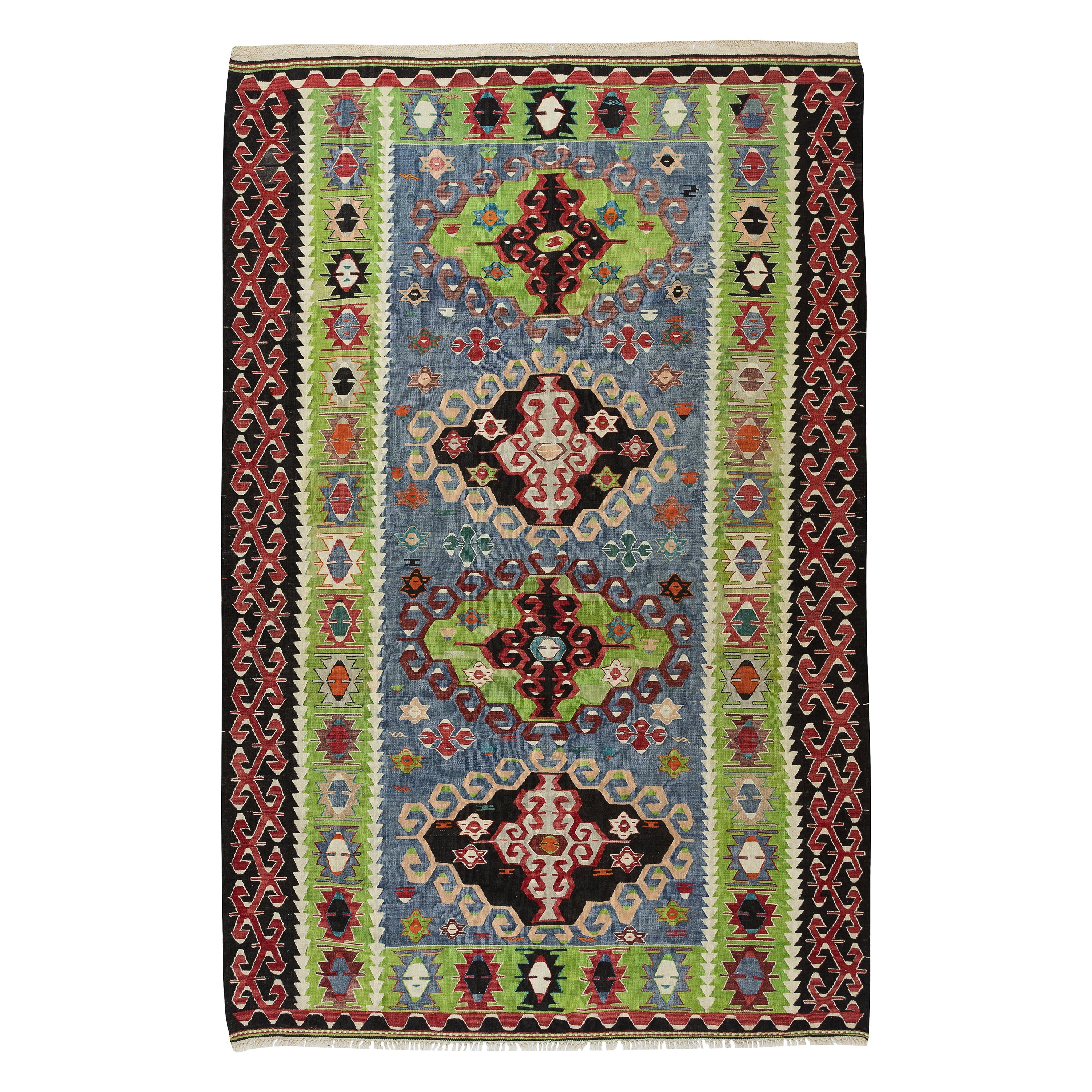 6x8.8 Ft Colorful Handmade Kilim, Vintage Turkish Rug in Green & Blue, All Wool