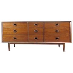 1960s Nine Drawer Walnut Dresser with Round Handles