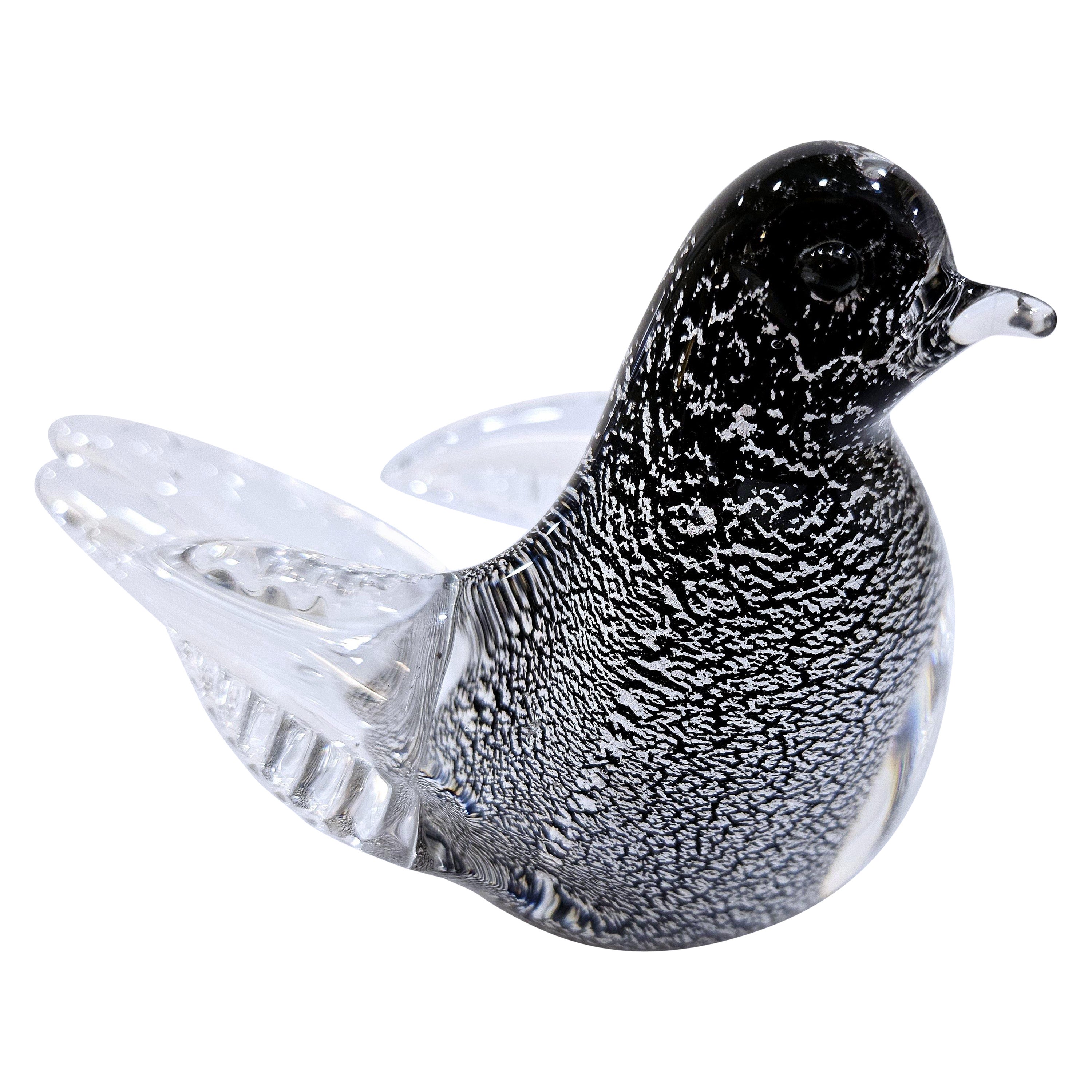 Murano Glas klar umhüllt Silber Blatt Vogel Skulptur von Oball, w / Original Label
