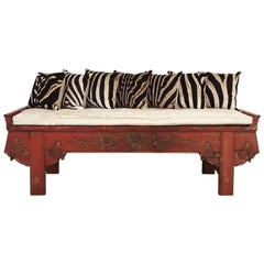 Carved Phoenix Bird Bench with Ivory Cowhide Cushion and Zebra Hide Pillows