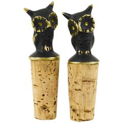 Two Beautiful Brass Owl Figurine Bottle Stoppers, Brass, Hertha Baller, Austria