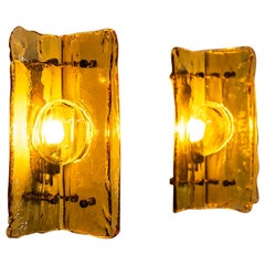 Set of Two Wall Lamps in Yellow Murano Glass and Brass, Italy 1970s