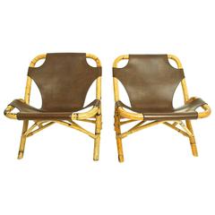 Pair of Leather and Bamboo Chairs